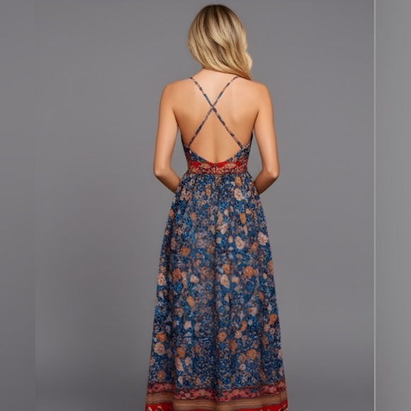 Boho Floral Print Backless Deep V Neck Maxi Dress - Picture 5 of 12
